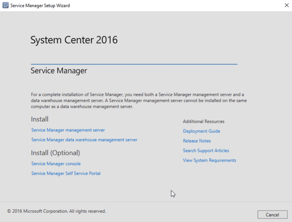 Service Manager installation pane