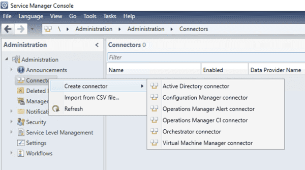 Service Manager Connectors list