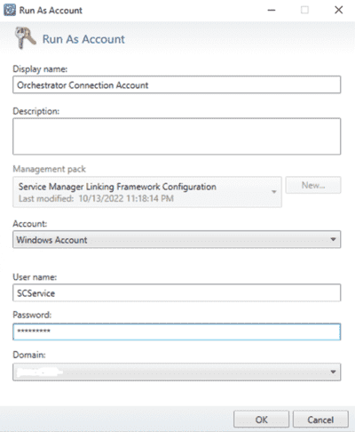 Account details for Orchestrator connector in Service Manager