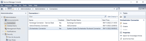 Service Manager Connectors list in the Administration panel