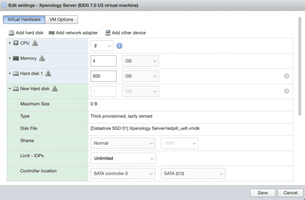 Xpenology VM Disk configuration page