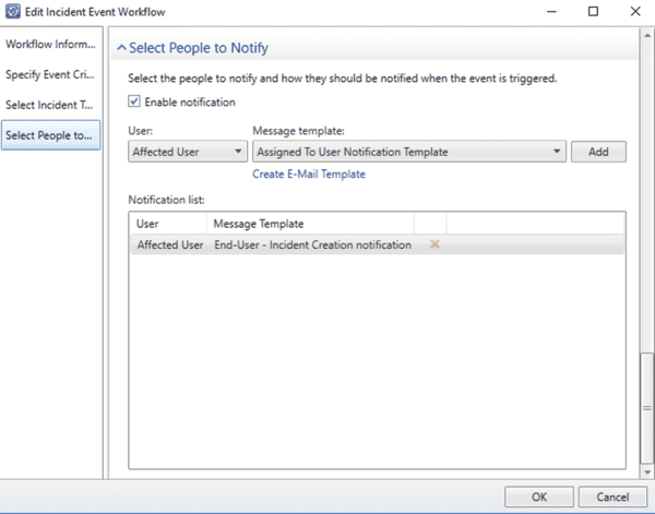 Incident Event Workflow configuration for email templates