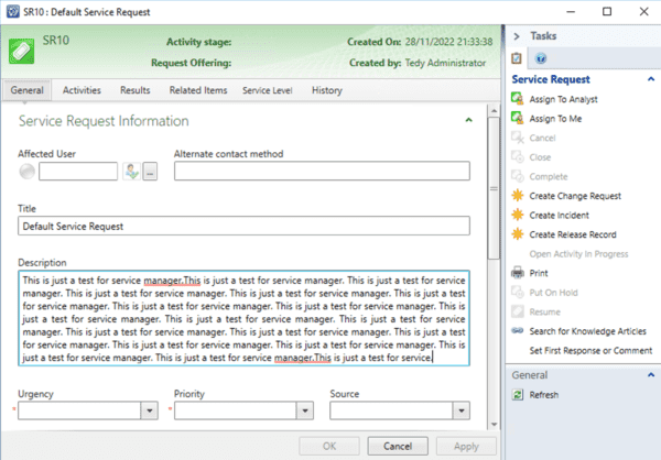 Default Service request form in Service Manager console