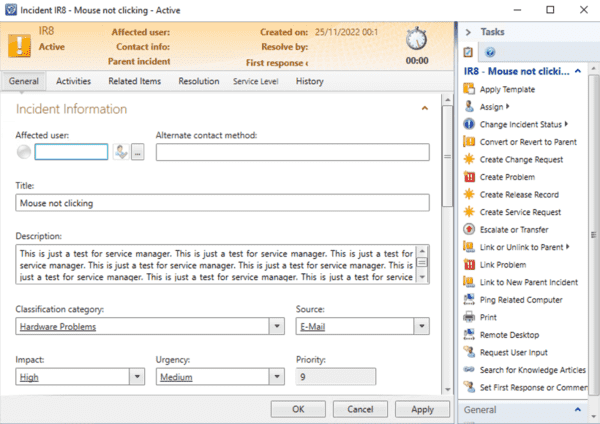 Default Incident form in Service Manager console