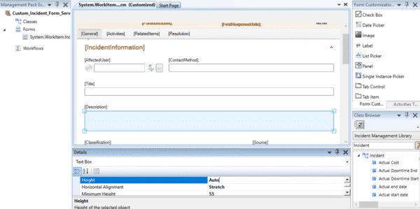Properties of a custom Management Pack for Service Manager incident form