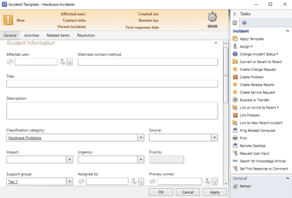 Service Manager Incident Template